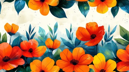   A painting of orange and red flowers with green leaves against a white backdrop Alternatively, a white background bears blue and green leaves