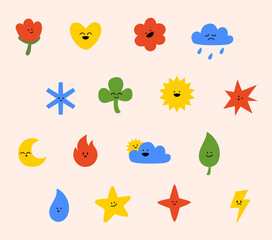 colored set of vector sticker 
 simple decorative elements. Various icons such as hearts, stars, speech bubbles, arrows, lines isolated on white background.