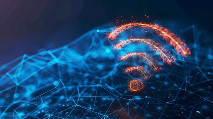 Abstract digital connectivity concept with glowing Wi-Fi symbol on blue background