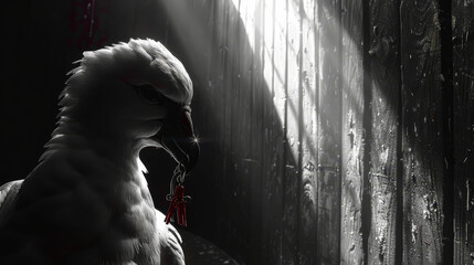  A monochrome image of a bird with a red tag on its ear and a curtain in the background - obrazy, fototapety, plakaty