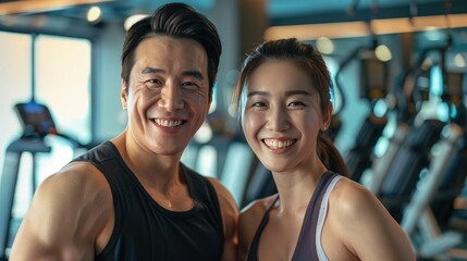 Happy Asian Couple Smiling for the Camera in Gym - obrazy, fototapety, plakaty