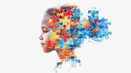 ADHD, attention deficit hyperactivity disorder, autism. Head of a child with puzzle pieces. World autism awareness day concept. - obrazy, fototapety, plakaty