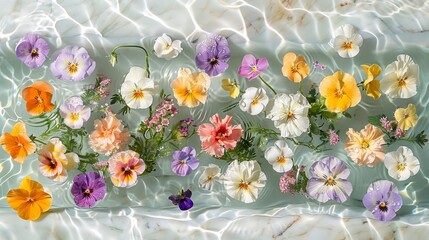   A collection of flowers afloat on a marbled marble slab, appearing as a serene pool of water