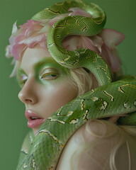 A depiction capturing a close-up portrait of a woman adorned with pink hair, juxtaposed with the presence of a vibrant green serpent coiled around her visage and neck, complemented by green makeup