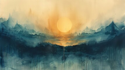 Sunrise hues gracefully blanket mountain silhouettes in watercolor - obrazy, fototapety, plakaty
