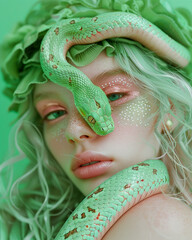 A depiction capturing a close-up portrait of a woman adorned with verdant hair, juxtaposed with the presence of a vibrant green serpent coiled around her visage and neck, complemented by green makeup