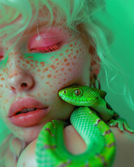 A depiction capturing a close-up portrait of a woman adorned with verdant hair, juxtaposed with the presence of a vibrant green serpent coiled around her visage and neck, complemented by green makeup