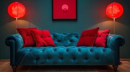   A blue couch with red pillows is situated in a room, adorned with two red lamps mounted on the wall A painting hangs on the wall - obrazy, fototapety, plakaty