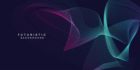 Abstract dark blue digital future technology geometric flowing line background. Purple-navy blue-green gradient smooth wave lines web banner background for cover, flyer, card, header, poster, slide