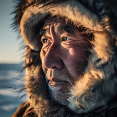Photography,Sun light,Inuit fishing, image clearly focused on the face,North Pole. - obrazy, fototapety, plakaty