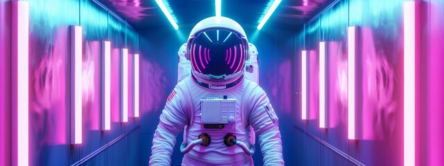 3D illustration of mysterious astronaut inside neon spaceship corridor science fiction. AI generated