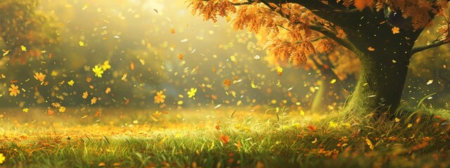 Fototapeta premium Golden Autumn Scene: Lush Green Grass and Bright Trees in a Tranquil Landscape