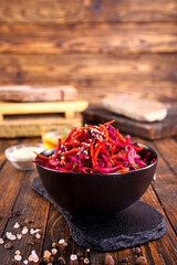 Fresh vegetable salad with sauerkraut cabbage, grated carrots and beetroots - 786634263