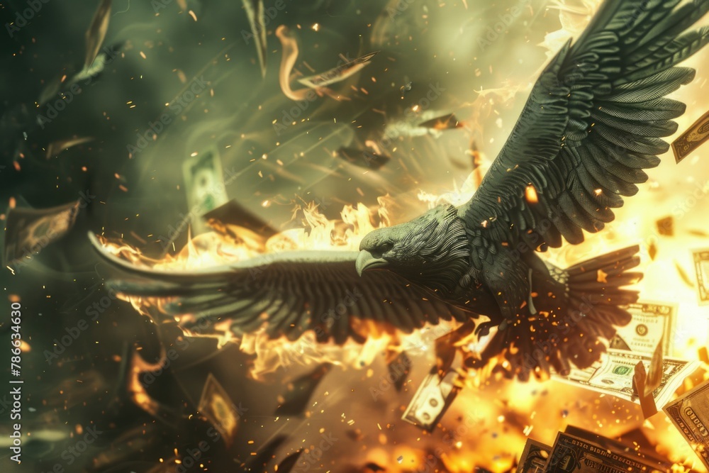 Poster a large bird soaring over a pile of money. suitable for financial concepts