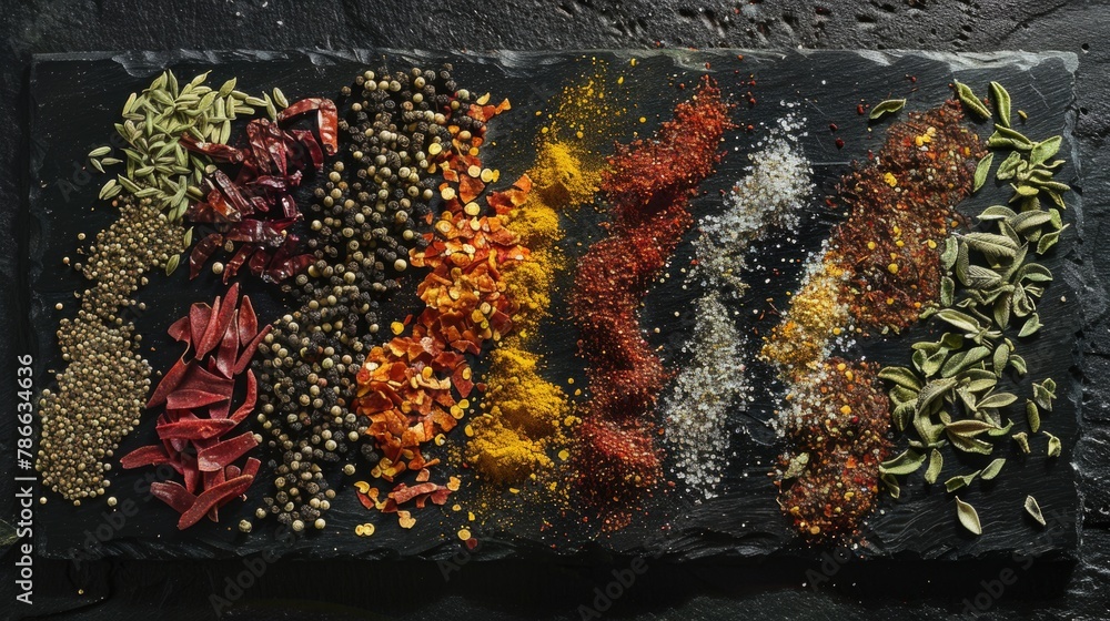 Poster various spices arranged on a dark background, perfect for culinary concepts
