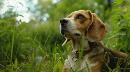 A dog sitting peacefully in tall grass. Suitable for pet care advertisements