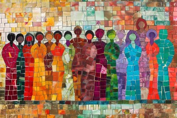 A mosaic painting of diverse people from around the world, standing together in unity and harmony, symbolizing global sisterhood. Vibrant colors, with earthy tones representing nature's beauty