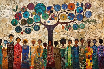 A mosaic painting of diverse people from around the world, standing together in unity and harmony, symbolizing global sisterhood. Vibrant colors, with earthy tones representing nature's beauty