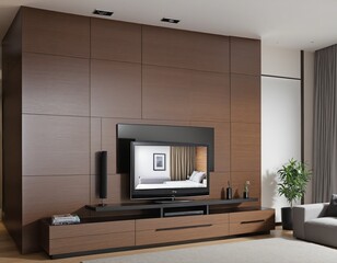 Cabinet TV in modern living room in bright colours 