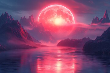 Large red moon is in the sky above a body of water. The scene is serene and peaceful, with the moon...