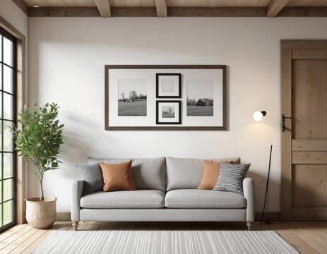 Mockup frame in farmhouse living room in bright colours 
