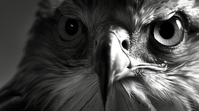   A monochrome image of an eagle's intense gaze with large, circular, black and white eyes