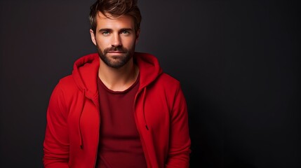 Obraz premium Confident Young Man with Beard Wearing Red Hooded Jacket in Dramatic Lighting
