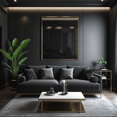 Home interior, luxury modern dark living room interior in bright colours 