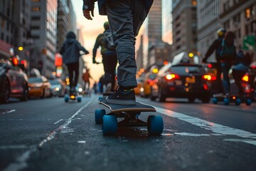 Nighttime Skateboarding on a Busy City Street with Motion Blur