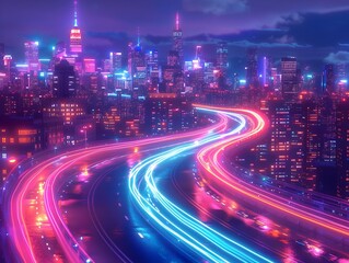 Mesmerizing Cityscape of Bright Neon Lights and Shimmering Skyscrapers in a Vibrant Metropolis at Night