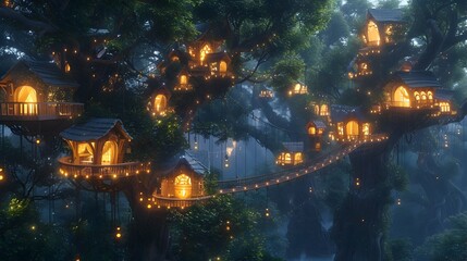 Glowing Treehouses Nestled in Enchanted Autumn Forest at Night