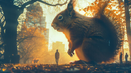 A Gigantic Squirrel against a Sunset Sky in an Urban Park - obrazy, fototapety, plakaty