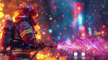 Fearless Firefighter Battling Intense Blaze in Dramatic Nighttime Rescue - obrazy, fototapety, plakaty