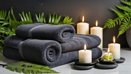 Fototapeta na wymiar Gray towel, fern, candles and black in bright colours 