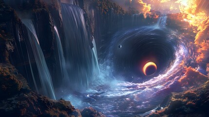 Cascading Black Hole Waterfalls Showcase a Spectacle of Gravitational Beauty with Vibrant Textures and Cosmic Twists of Light - obrazy, fototapety, plakaty