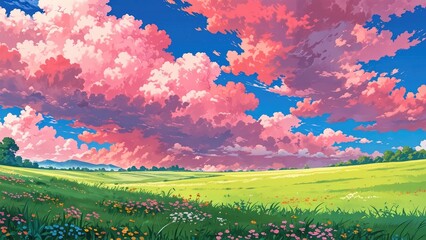 beautiful anime landscape with wildflowers and pink sky.