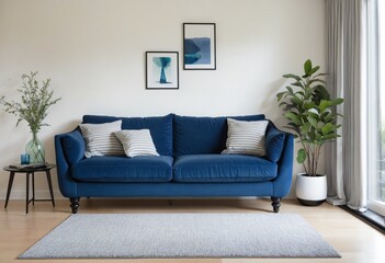 Fototapeta na wymiar Cosy living room with blue sofa in Bright Colours 