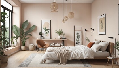 Minimal bohemian bedroom interior in Bright Colours 