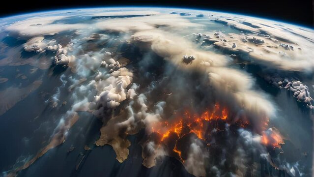Devastating global impact of wildfires seen from orbit. Generative AI Video. ProRes LT 59.94 FPS is available in 4K 16:9.