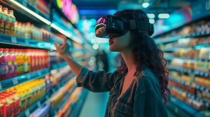 Woman wearing virtual reality glasses shopping at supermarket, new modern technology of integrated reality Online shopping and ecommerce concept.