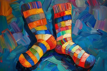 A pair of colorful socks with detailed stripes and an abstract pattern in the background in the style of an oil painting illustration. The simple composition uses vibrant colors 
