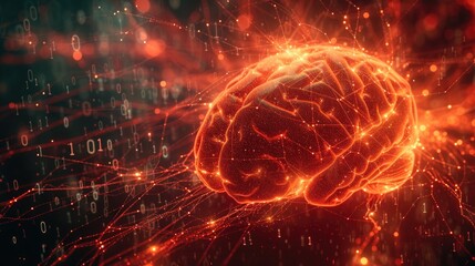 An abstract digital illustration of a human brain composed of a network of glowing nodes and connections, symbolizing neural activity and artificial intelligence.