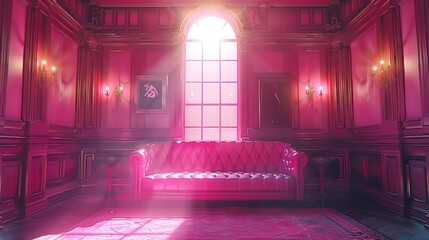   A living room featuring a pink couch centrally positioned, accompanied by a radiant sunlight streaming through the window