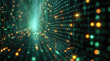 Naklejka premium A close-up of streaming binary code on a digital interface, with a glowing bokeh effect, symbolizing complex data processing and computer programming.