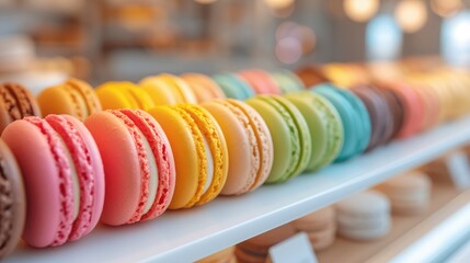 A vibrant selection of assorted macarons arranged neatly, showcasing a variety of soft pastel...