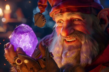 Jubilant Dwarf Merchant Showcasing His Shimmering Purple Gemstone Treasure in a 3D Animation