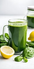 Green spinach smoothie with lemon. Detox, healthy diet. Vegetable drink.