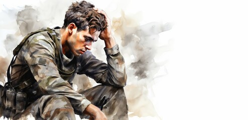Soldier remembers shelling, shown experiencing a vivid and distressing flashback. Post-traumatic stress disorder concept. Watercolor. Copy space. - obrazy, fototapety, plakaty