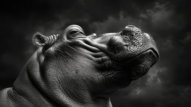   A monochrome image of a hippo gazing at the cloud-filled sky