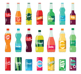 Set of bottles with carbonated soft drinks. Refreshing sweet water. Beautiful colored drinks in a supermarket. Vector illustration